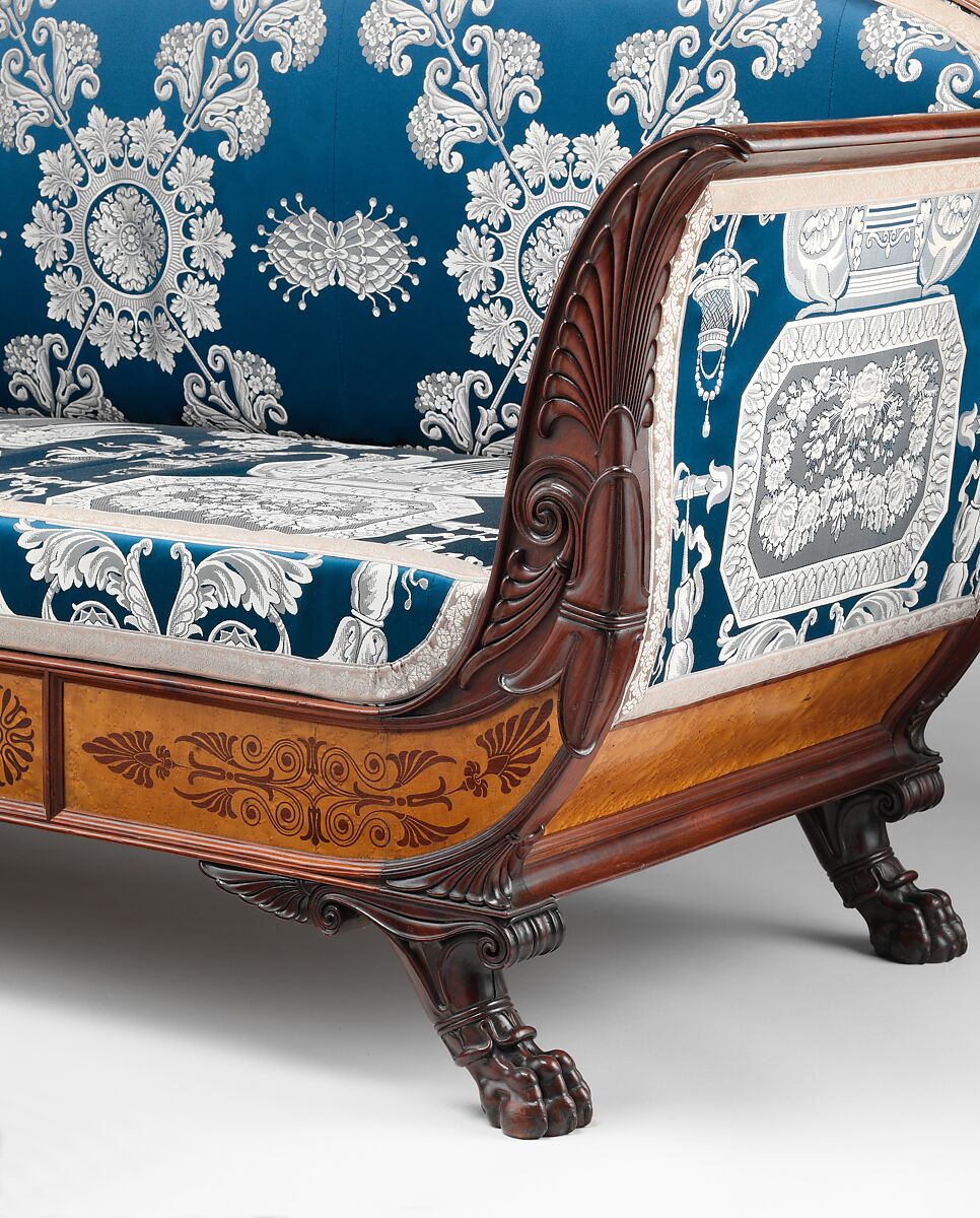 Sofa (part of a set), Designed by Filippo Pelagio Palagi (Italian, Bologna 1775–1860 Turin), Mahogany veneered with maplewood and mahogany, covered with modern silk brocade, Italian, Piedmont
