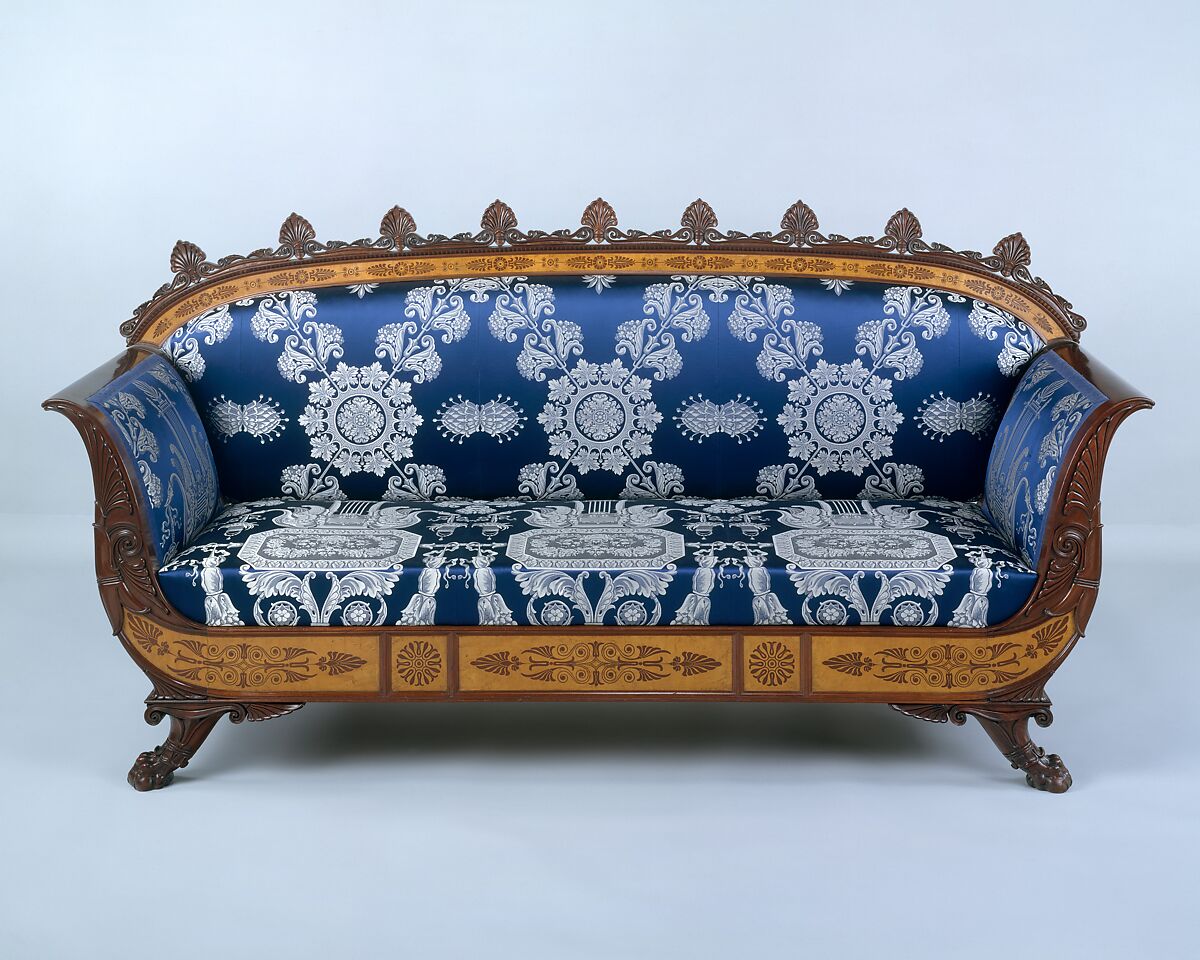 Sofa (part of a set), Designed by Filippo Pelagio Palagi (Italian, Bologna 1775–1860 Turin), Mahogany veneered with maplewood and mahogany, covered with modern silk brocade, Italian, Piedmont