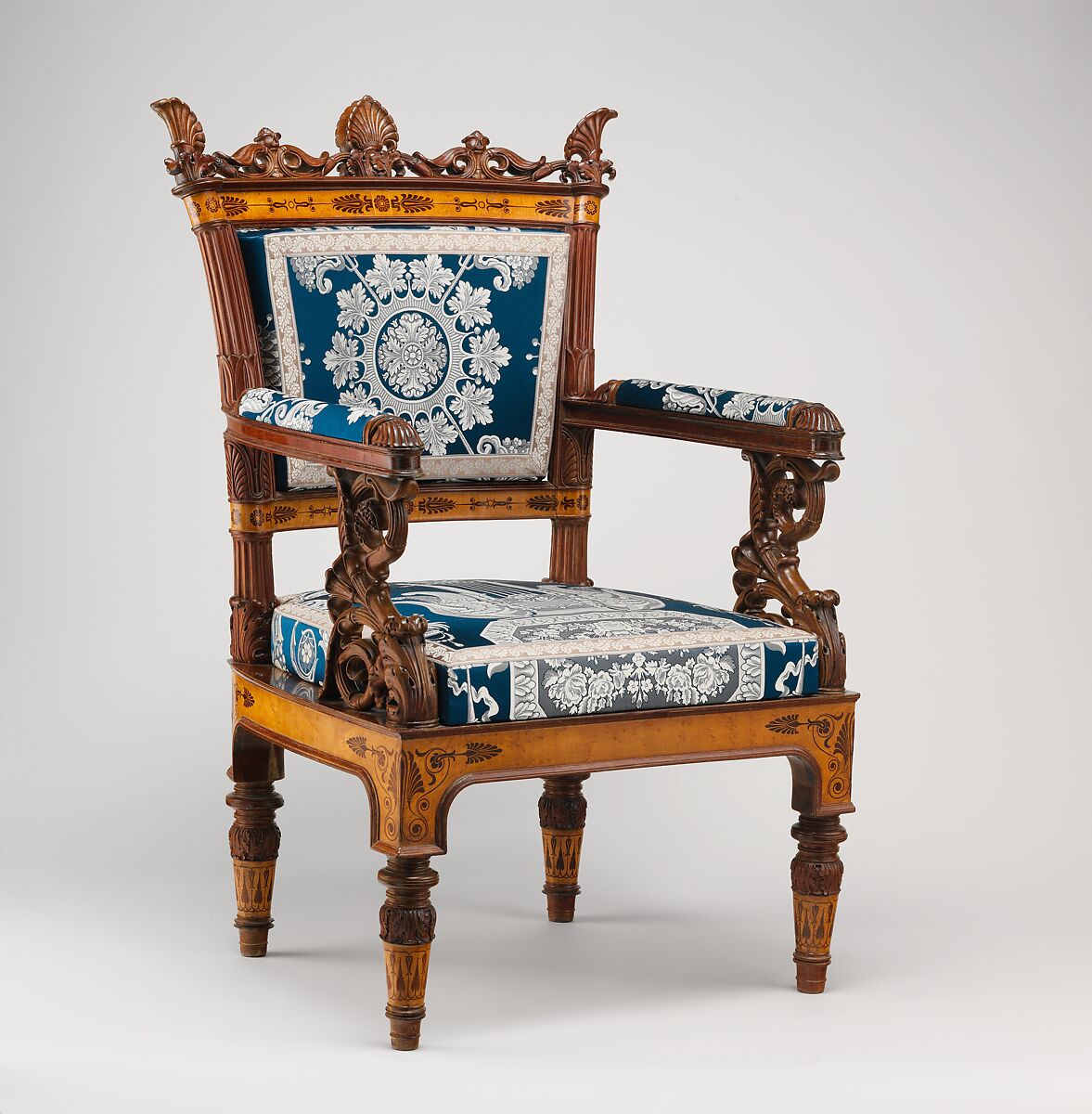 Pair of armchairs (part of a set), Designed by Filippo Pelagio Palagi (Italian, Bologna 1775–1860 Turin), Mahogany veneered with maplewood and mahogany, covered with modern silk brocade, Italian, Piedmont 