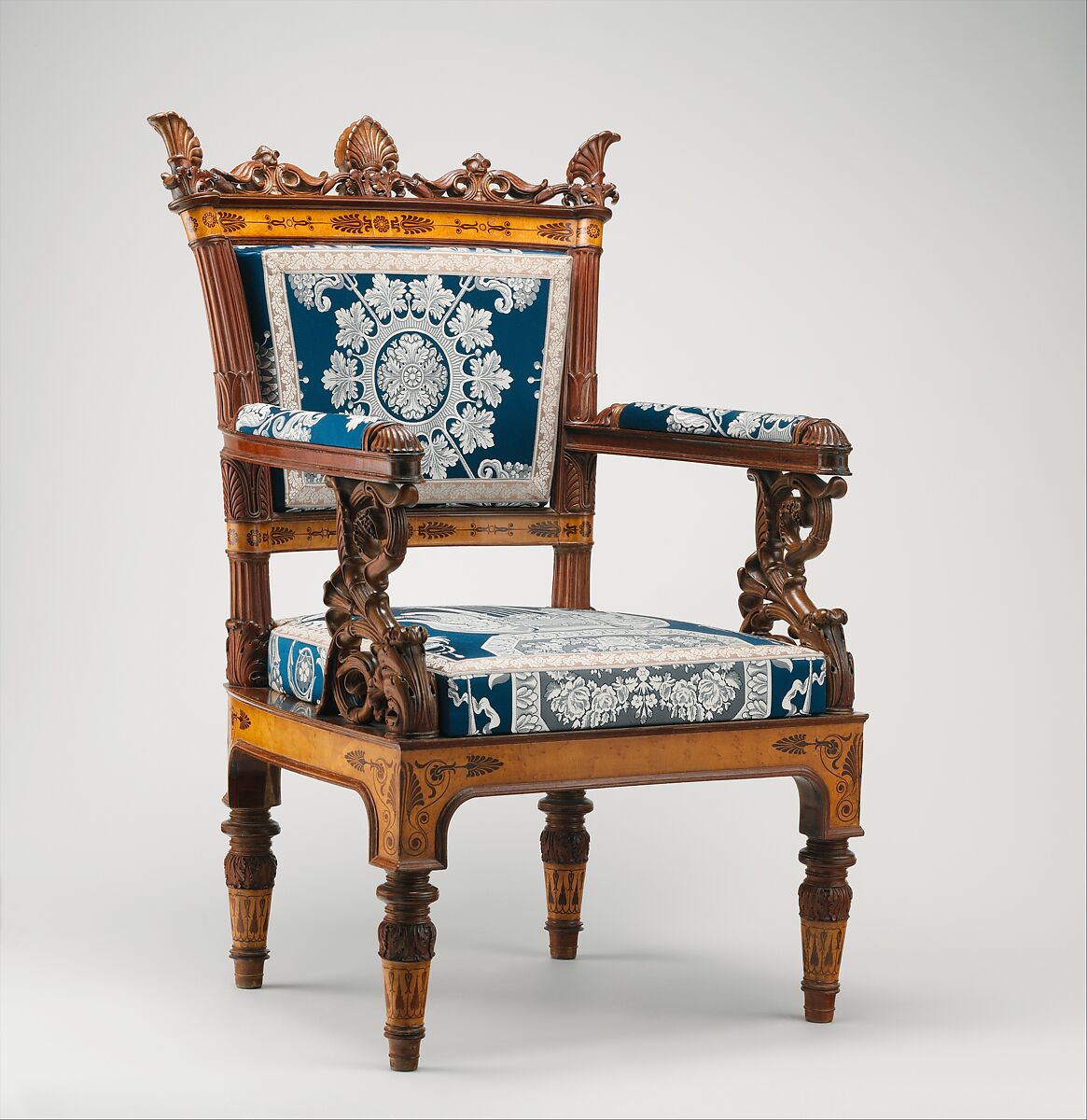 Pair of armchairs (part of a set), Designed by Filippo Pelagio Palagi (Italian, Bologna 1775–1860 Turin), Mahogany veneered with maplewood and mahogany, covered with modern silk brocade, Italian, Piedmont