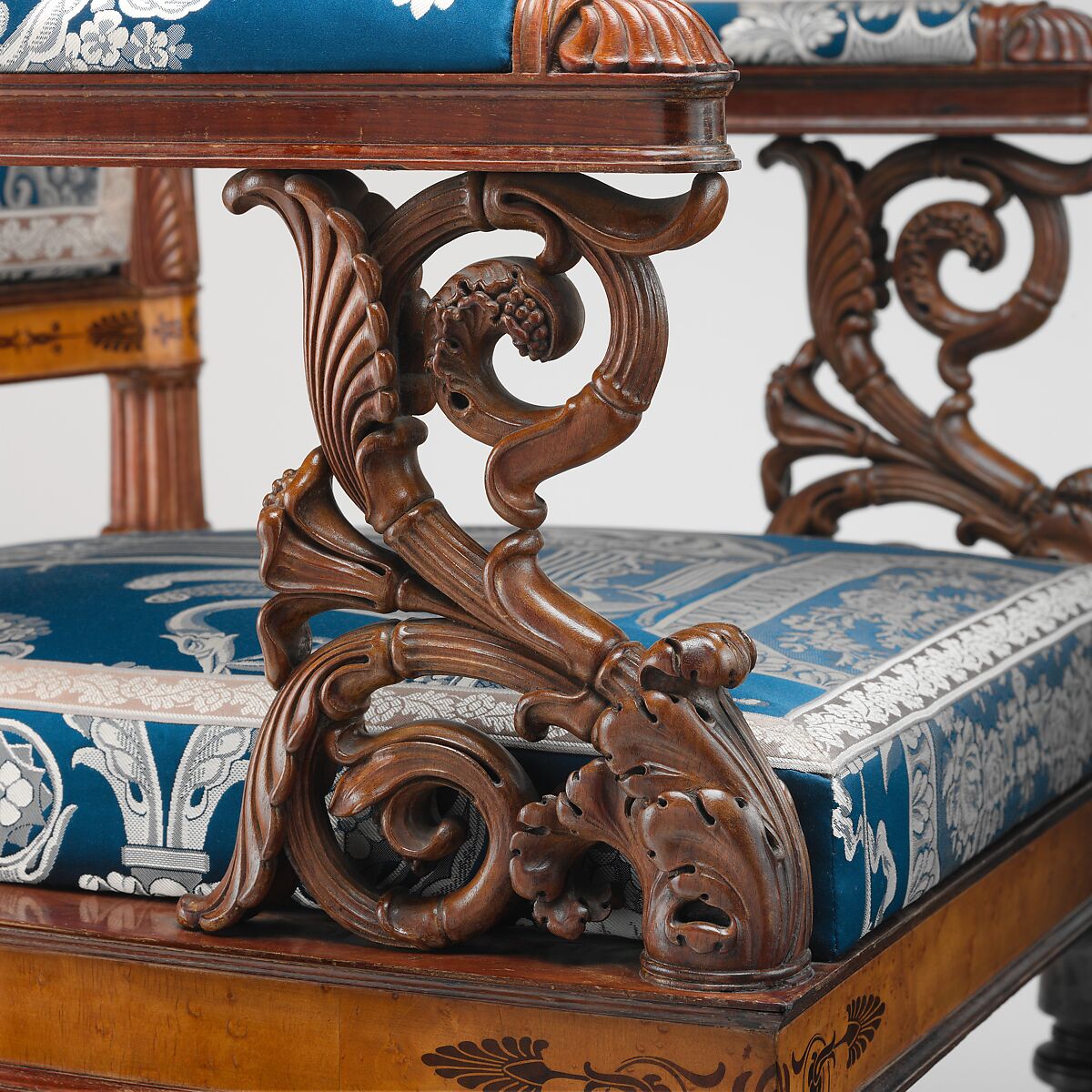 Pair of armchairs (part of a set), Designed by Filippo Pelagio Palagi (Italian, Bologna 1775–1860 Turin), Mahogany veneered with maplewood and mahogany, covered with modern silk brocade, Italian, Piedmont