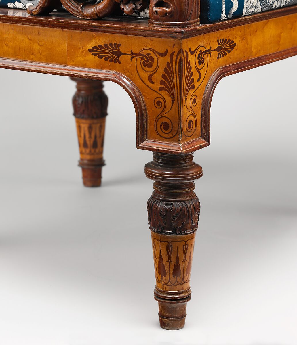 Pair of armchairs (part of a set), Designed by Filippo Pelagio Palagi (Italian, Bologna 1775–1860 Turin), Mahogany veneered with maplewood and mahogany, covered with modern silk brocade, Italian, Piedmont