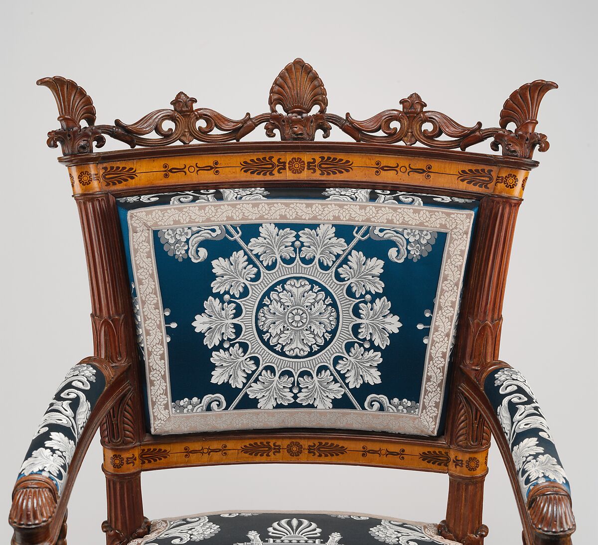 Pair of armchairs (part of a set), Designed by Filippo Pelagio Palagi (Italian, Bologna 1775–1860 Turin), Mahogany veneered with maplewood and mahogany, covered with modern silk brocade, Italian, Piedmont