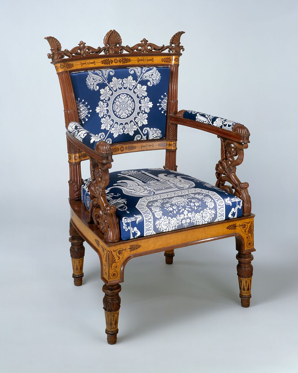 Pair of armchairs (part of a set), Designed by Filippo Pelagio Palagi (Italian, Bologna 1775–1860 Turin), Mahogany veneered with maplewood and mahogany, covered with modern silk brocade, Italian, Piedmont