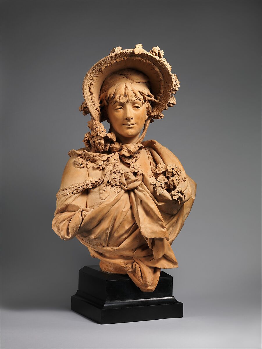 Girl in a Straw Bonnet, Albert-Ernest Carrier-Belleuse (French, Anizy-le-Château 1824–1887 Sèvres), Terracotta with wood base, French, Paris