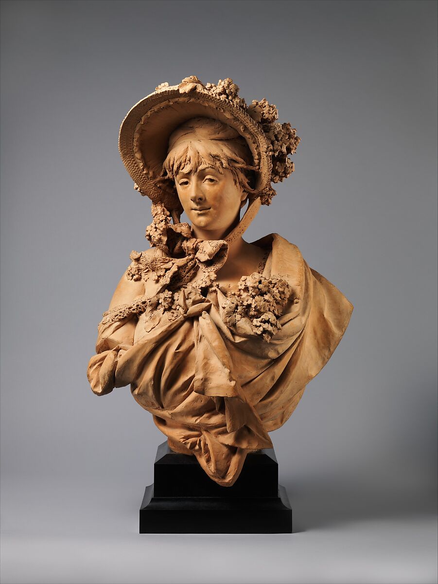 Girl in a Straw Bonnet, Albert-Ernest Carrier-Belleuse (French, Anizy-le-Château 1824–1887 Sèvres), Terracotta with wood base, French, Paris 