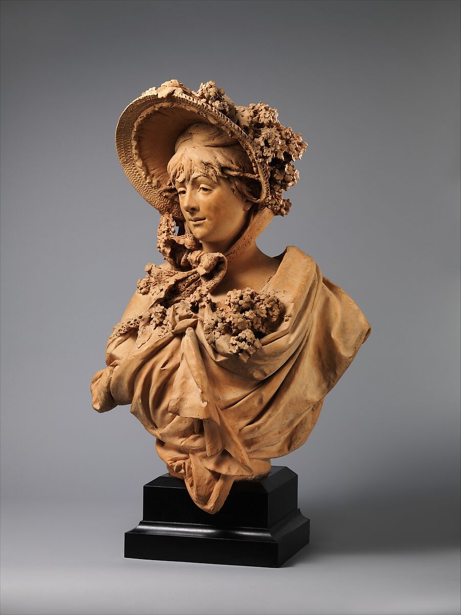 Girl in a Straw Bonnet, Albert-Ernest Carrier-Belleuse (French, Anizy-le-Château 1824–1887 Sèvres), Terracotta with wood base, French, Paris