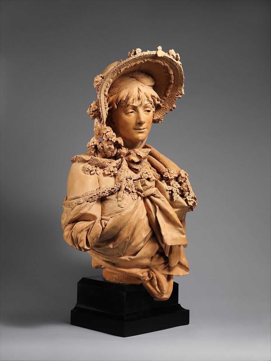 Girl in a Straw Bonnet, Albert-Ernest Carrier-Belleuse (French, Anizy-le-Château 1824–1887 Sèvres), Terracotta with wood base, French, Paris