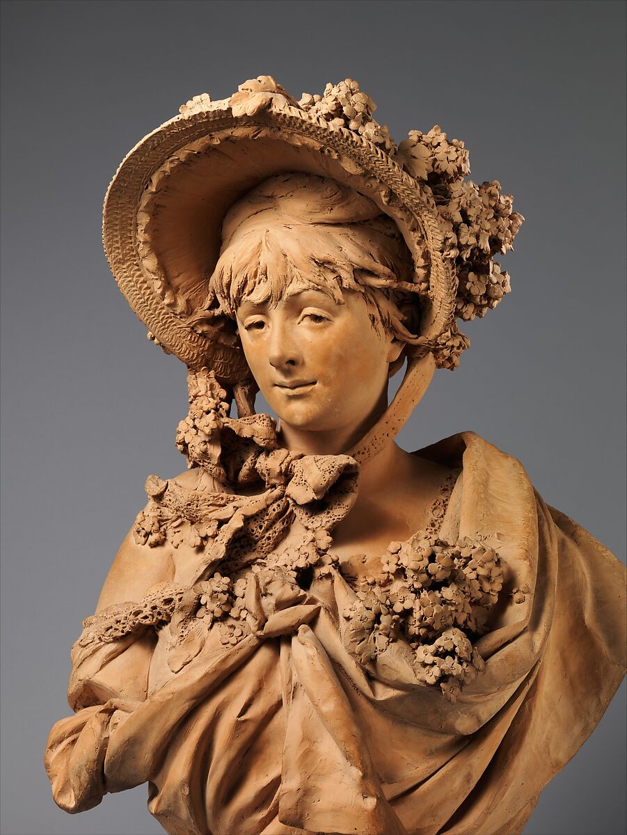 Girl in a Straw Bonnet, Albert-Ernest Carrier-Belleuse (French, Anizy-le-Château 1824–1887 Sèvres), Terracotta with wood base, French, Paris