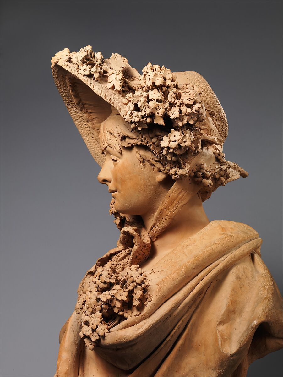 Girl in a Straw Bonnet, Albert-Ernest Carrier-Belleuse (French, Anizy-le-Château 1824–1887 Sèvres), Terracotta with wood base, French, Paris