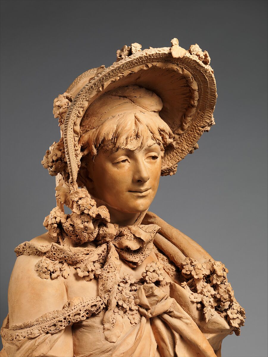 Girl in a Straw Bonnet, Albert-Ernest Carrier-Belleuse (French, Anizy-le-Château 1824–1887 Sèvres), Terracotta with wood base, French, Paris
