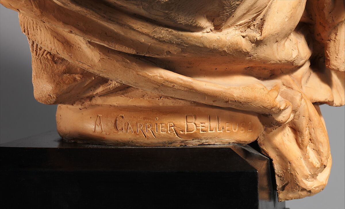 Girl in a Straw Bonnet, Albert-Ernest Carrier-Belleuse (French, Anizy-le-Château 1824–1887 Sèvres), Terracotta with wood base, French, Paris