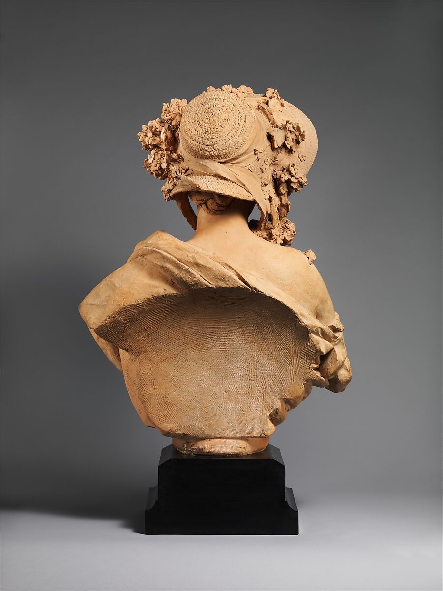 Girl in a Straw Bonnet, Albert-Ernest Carrier-Belleuse (French, Anizy-le-Château 1824–1887 Sèvres), Terracotta with wood base, French, Paris