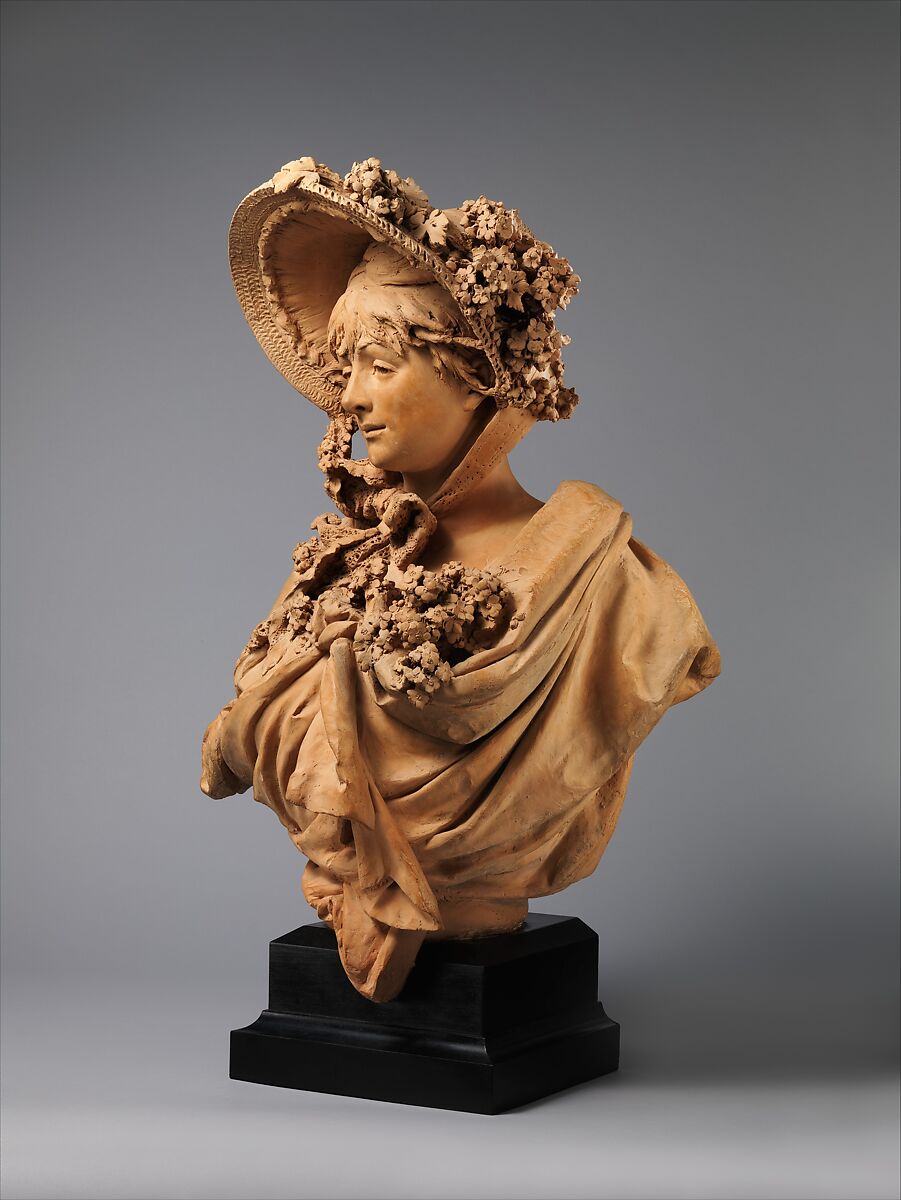 Girl in a Straw Bonnet, Albert-Ernest Carrier-Belleuse (French, Anizy-le-Château 1824–1887 Sèvres), Terracotta with wood base, French, Paris