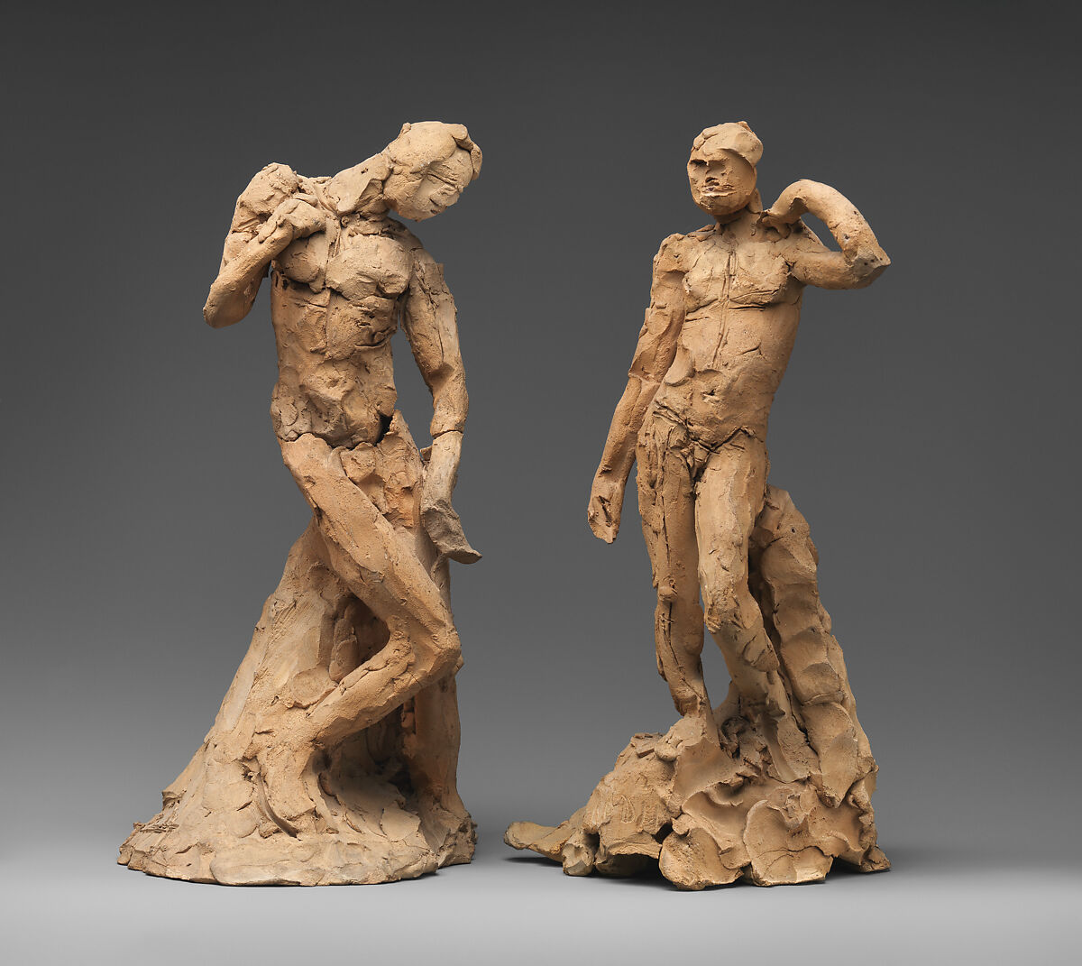 Pair of Standing Nude Male Figures Demonstrating the Principles of Contrapposto according to Michelangelo and Phidias, Auguste Rodin (French, Paris 1840–1917 Meudon), Terracotta, French 