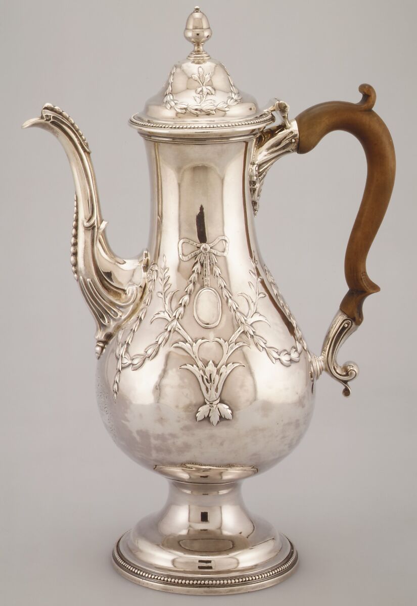 Coffeepot, Possibly by William Garrard (active 1735–73), Silver, wood, British, London 