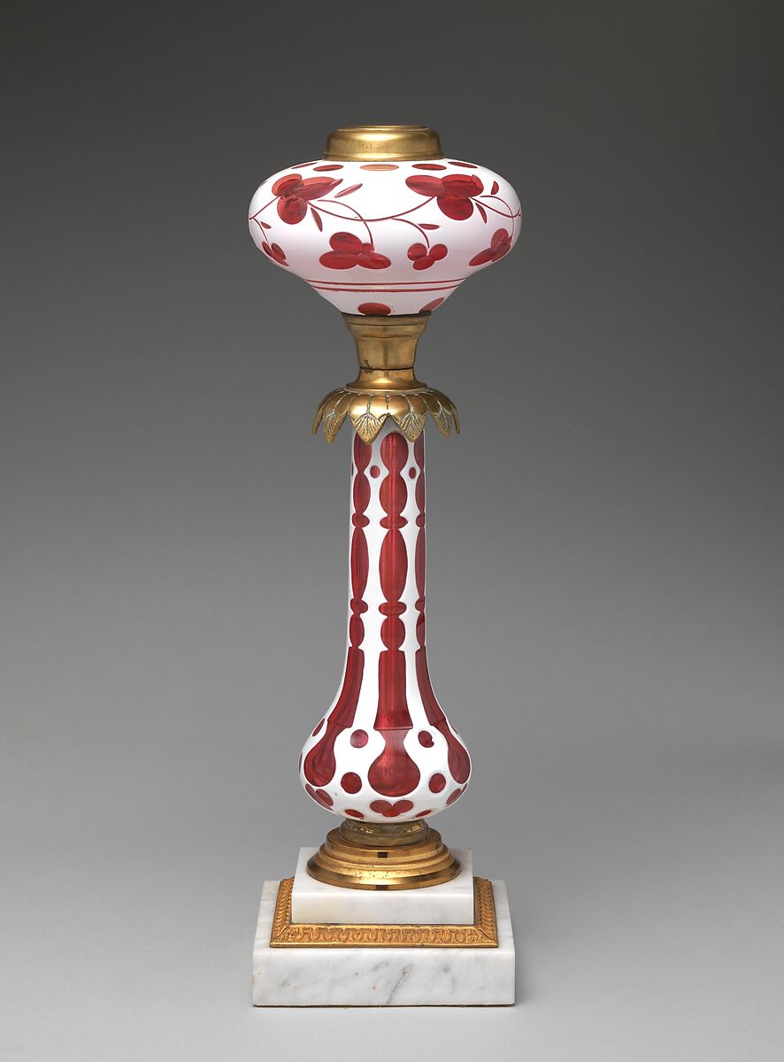 Fluid lamp, Boston &amp; Sandwich Glass Company (American, 1825–1888, Sandwich, Massachusetts), Cut double overlay glass in pink and white with brass fittings and stepped marble base, American 