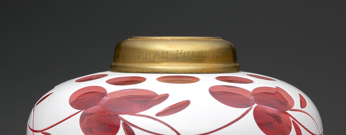 Fluid lamp, Boston &amp; Sandwich Glass Company (American, 1825–1888, Sandwich, Massachusetts), Cut double overlay glass in pink and white with brass fittings and stepped marble base, American