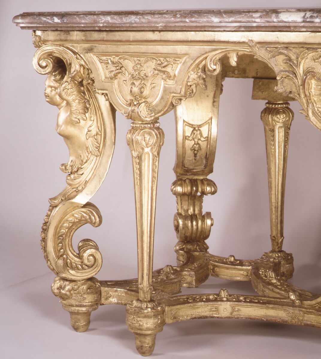 Side table, after a design by Charles Lebrun (1619–1690), Carved and gilded oak, fleur-de-pêche marble top, French