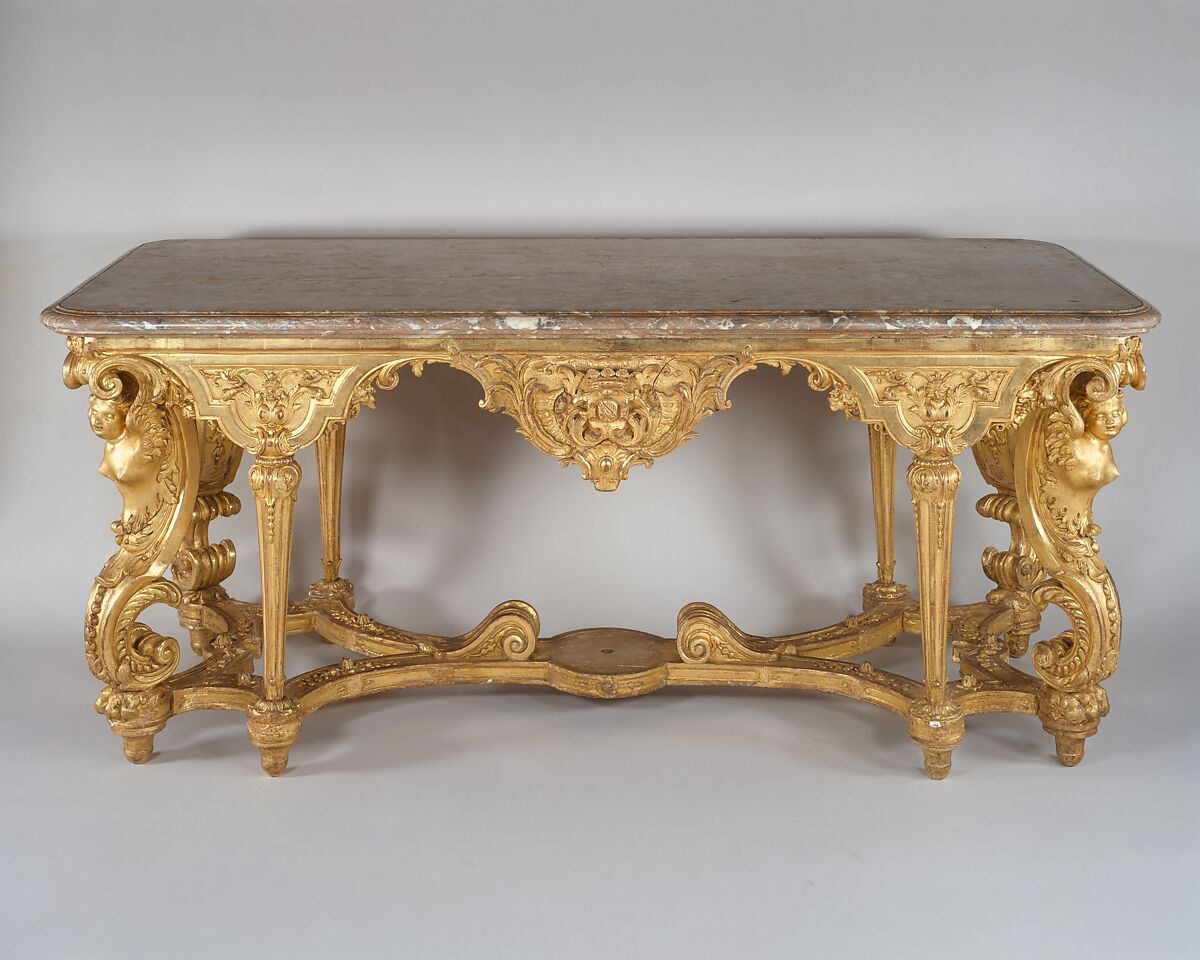 Side table, Charles Lebrun, Carved and gilded oak, fleur-de-pêche marble top, French