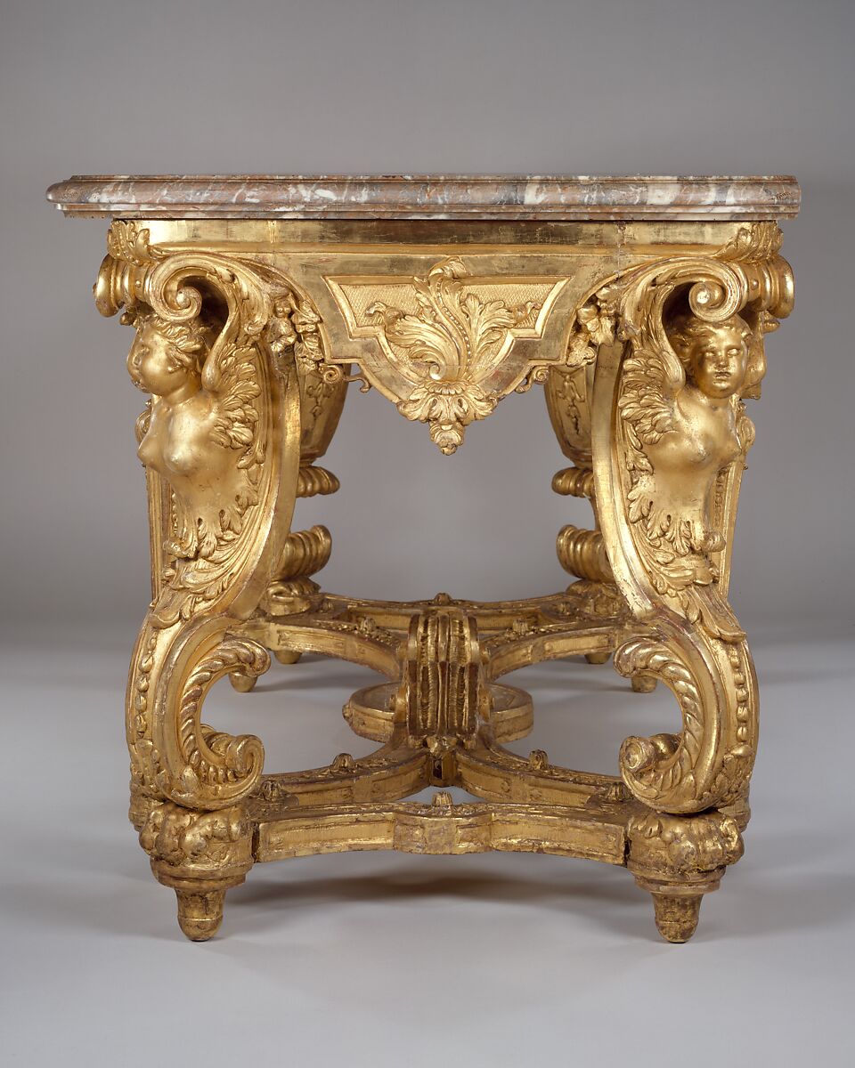 Side table, after a design by Charles Lebrun (1619–1690), Carved and gilded oak, fleur-de-pêche marble top, French