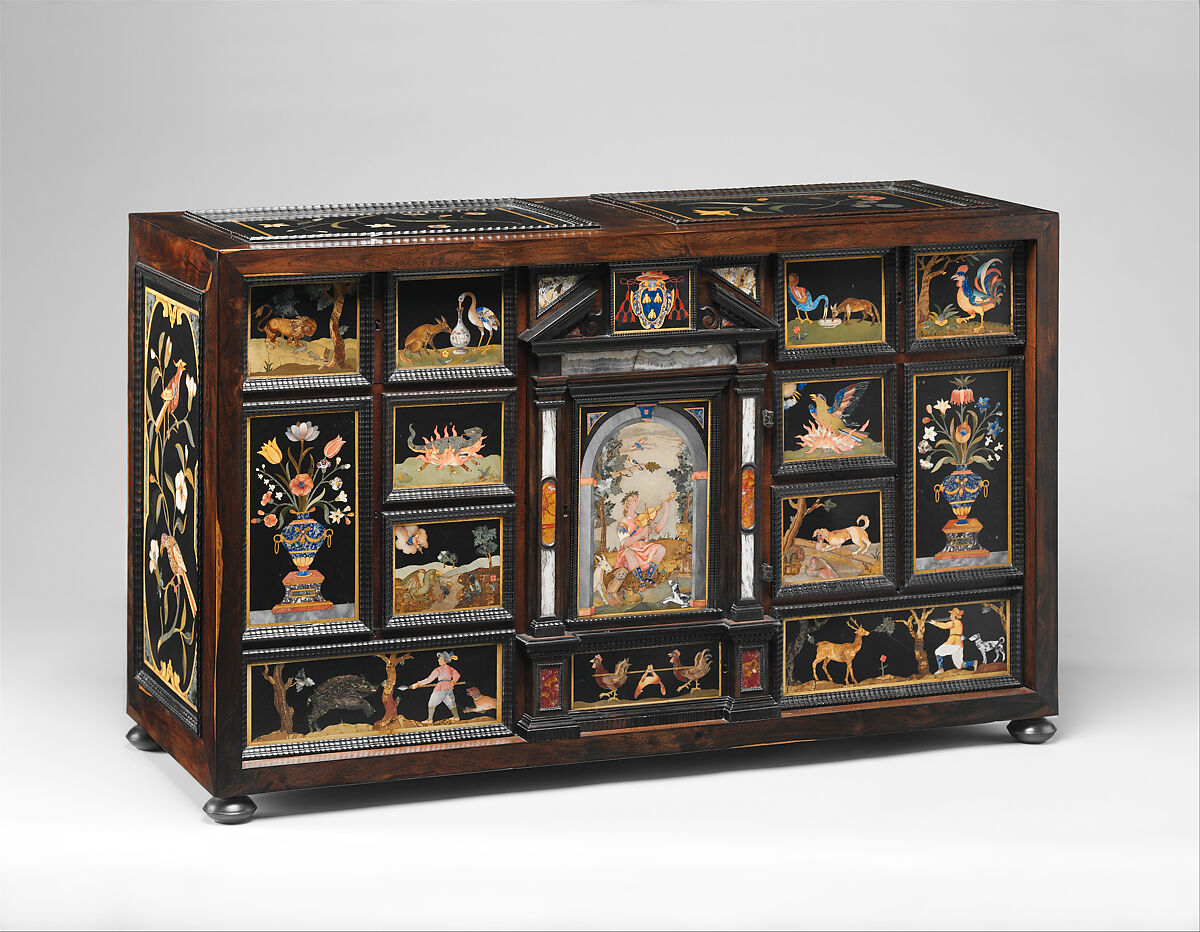 Barberini Cabinet, Galleria dei Lavori, Florence, Oak and poplar veneered with various exotic hardwoods, with ebony moldings and plaques of marble, slate (paragon); pietre dure work consisting of colored marbles, rock crystal, and various hardstones, Italian, Florence 