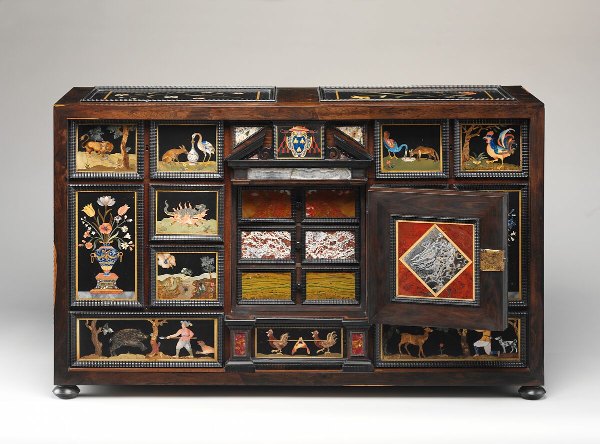 Barberini Cabinet, Galleria dei Lavori, Florence, Oak and poplar veneered with various exotic hardwoods, with ebony moldings and plaques of marble, slate (paragon); pietre dure work consisting of colored marbles, rock crystal, and various hardstones, Italian, Florence