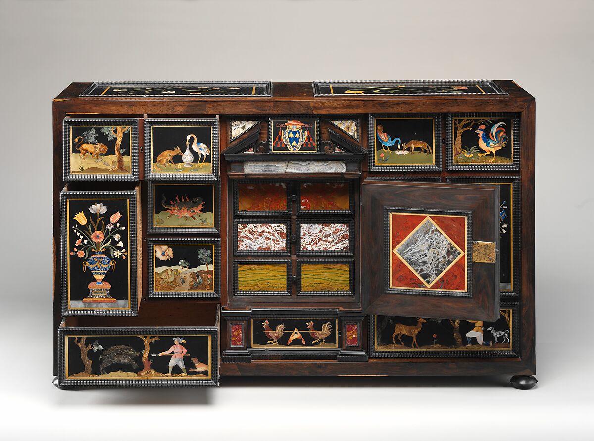 Barberini Cabinet, Galleria dei Lavori, Florence, Oak and poplar veneered with various exotic hardwoods, with ebony moldings and plaques of marble, slate (paragon); pietre dure work consisting of colored marbles, rock crystal, and various hardstones, Italian, Florence