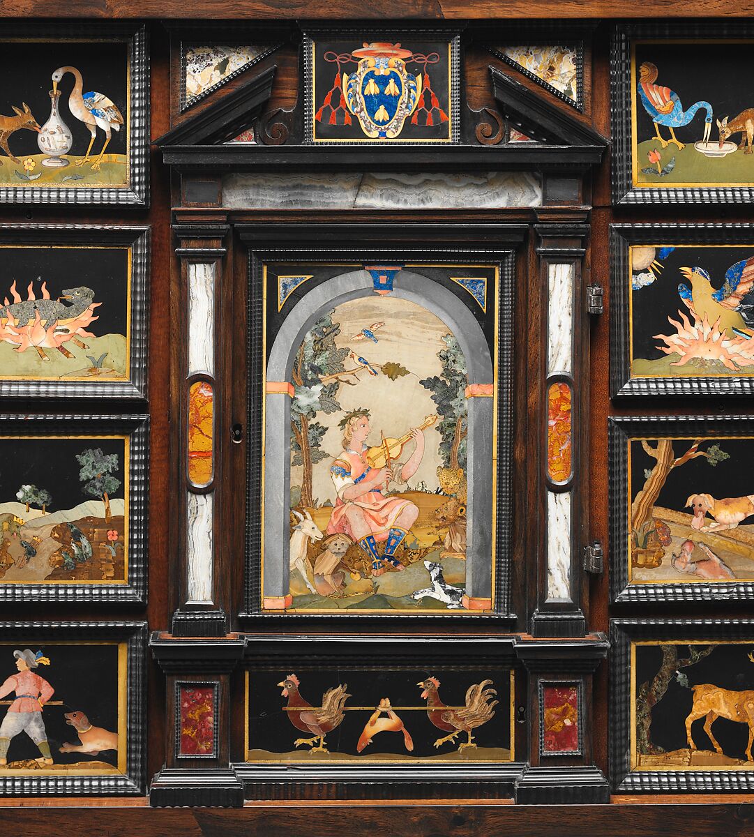 Barberini Cabinet, Galleria dei Lavori, Florence, Oak and poplar veneered with various exotic hardwoods, with ebony moldings and plaques of marble, slate (paragon); pietre dure work consisting of colored marbles, rock crystal, and various hardstones, Italian, Florence