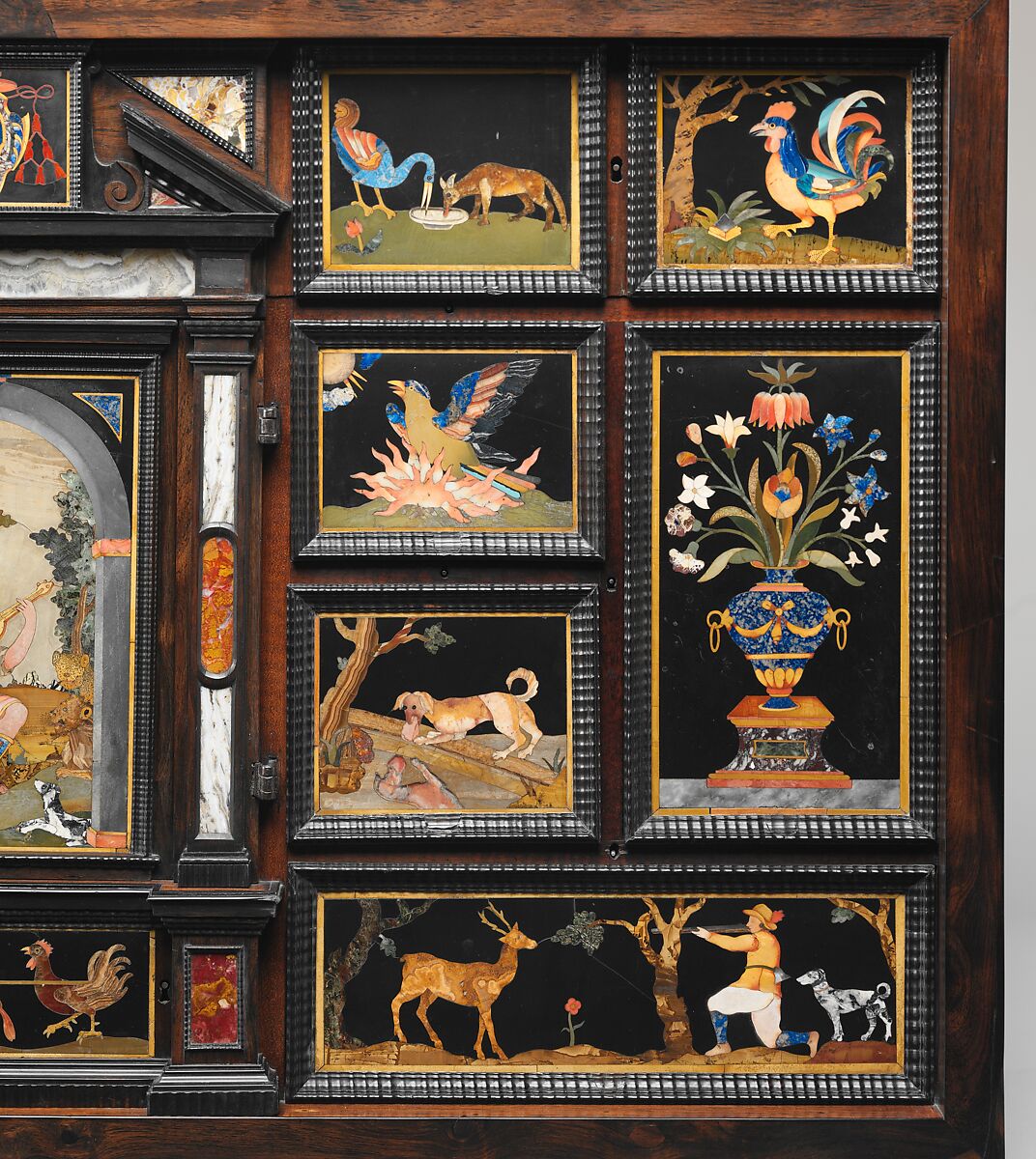 Barberini Cabinet, Galleria dei Lavori, Florence, Oak and poplar veneered with various exotic hardwoods, with ebony moldings and plaques of marble, slate (paragon); pietre dure work consisting of colored marbles, rock crystal, and various hardstones, Italian, Florence