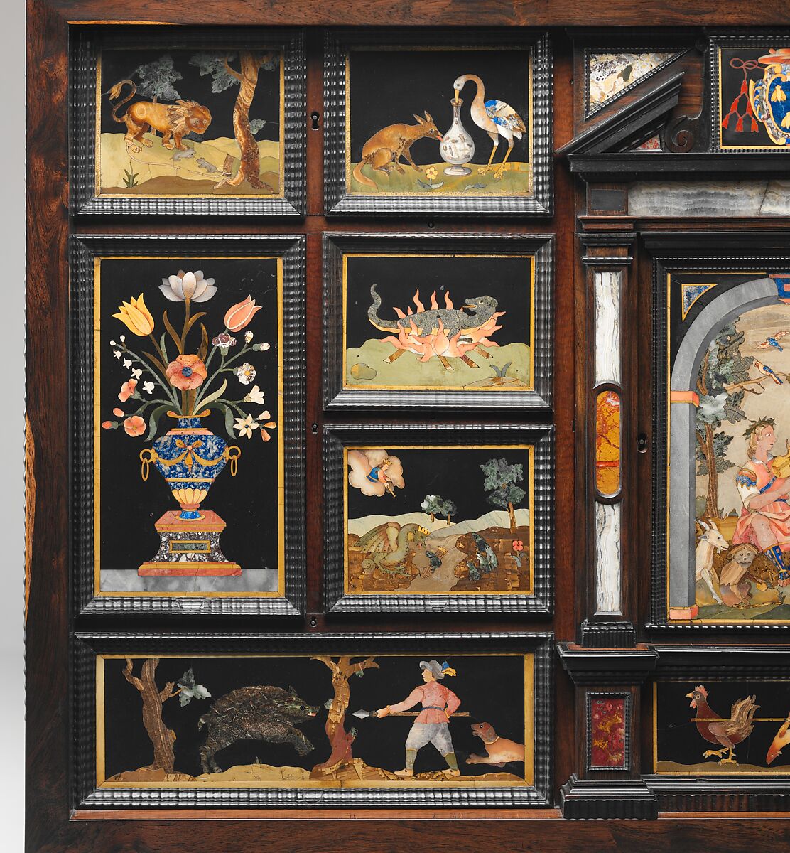 Barberini Cabinet, Galleria dei Lavori, Florence, Oak and poplar veneered with various exotic hardwoods, with ebony moldings and plaques of marble, slate (paragon); pietre dure work consisting of colored marbles, rock crystal, and various hardstones, Italian, Florence