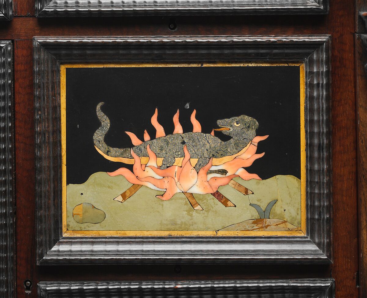 Barberini Cabinet, Galleria dei Lavori, Florence, Oak and poplar veneered with various exotic hardwoods, with ebony moldings and plaques of marble, slate (paragon); pietre dure work consisting of colored marbles, rock crystal, and various hardstones, Italian, Florence