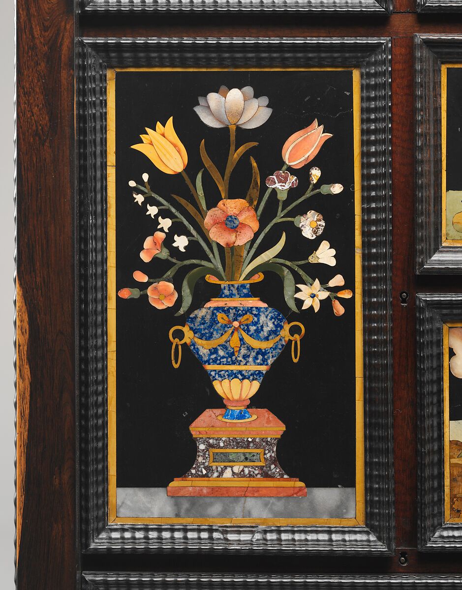 Barberini Cabinet, Galleria dei Lavori, Florence, Oak and poplar veneered with various exotic hardwoods, with ebony moldings and plaques of marble, slate (paragon); pietre dure work consisting of colored marbles, rock crystal, and various hardstones, Italian, Florence