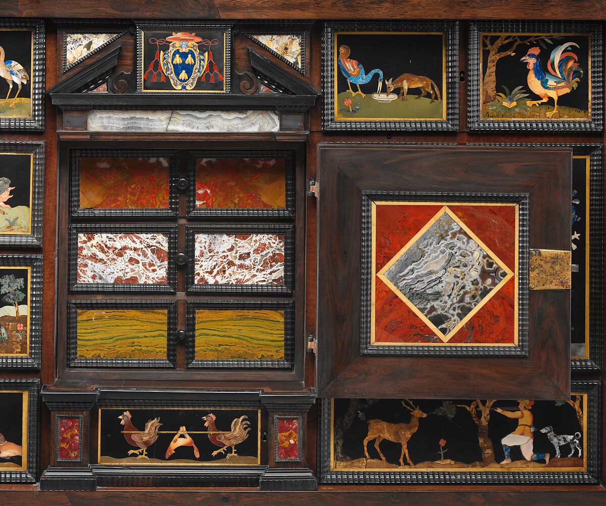 Barberini Cabinet, Galleria dei Lavori, Florence, Oak and poplar veneered with various exotic hardwoods, with ebony moldings and plaques of marble, slate (paragon); pietre dure work consisting of colored marbles, rock crystal, and various hardstones, Italian, Florence