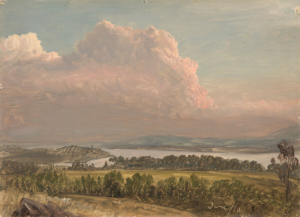 Sunset across the Hudson Valley, Frederic Edwin Church (American, Hartford, Connecticut 1826–1900 New York), Oil and graphite on paperboard, American 