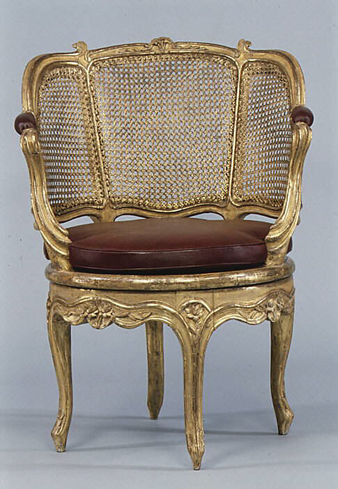 Desk chair, Carved and gilded beechwood, caning; modern red leather, French 