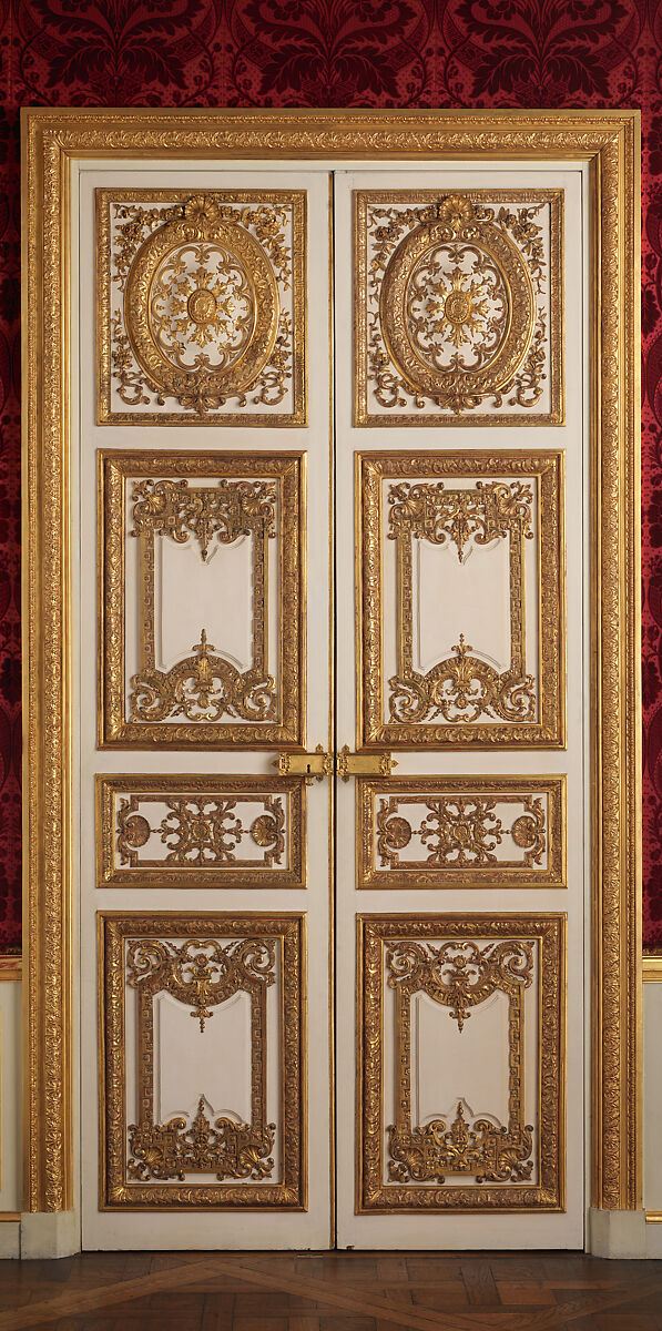 Pair of double doors, Carved, painted, and gilded oak; modern gilt bronze, French 