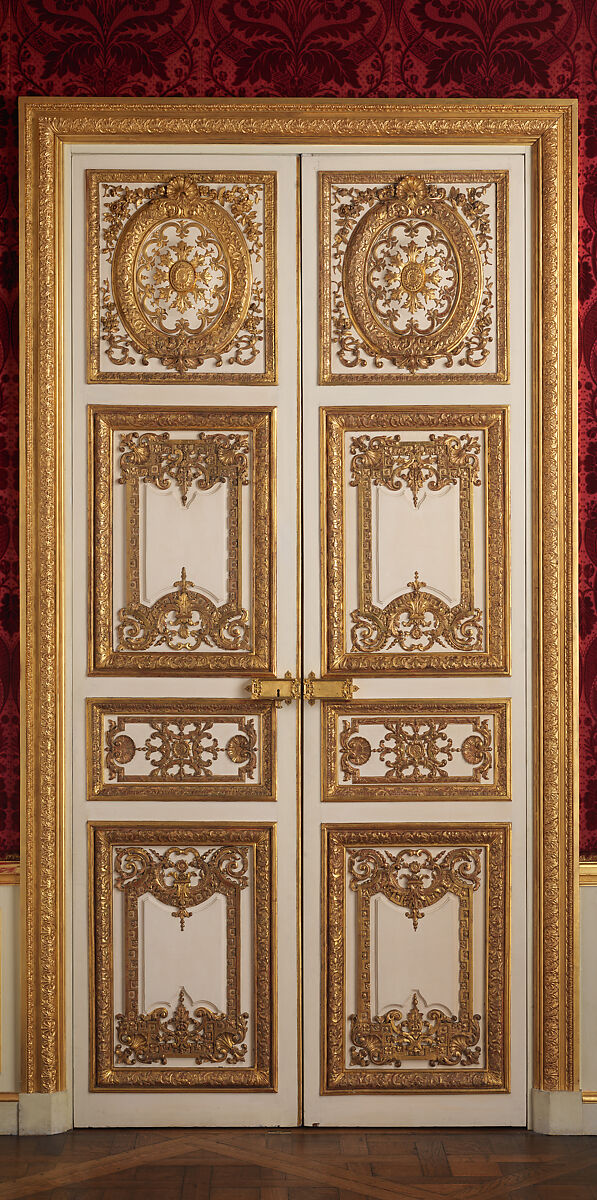 Pair of double doors, Carved, painted, and gilded oak; modern gilt bronze, French