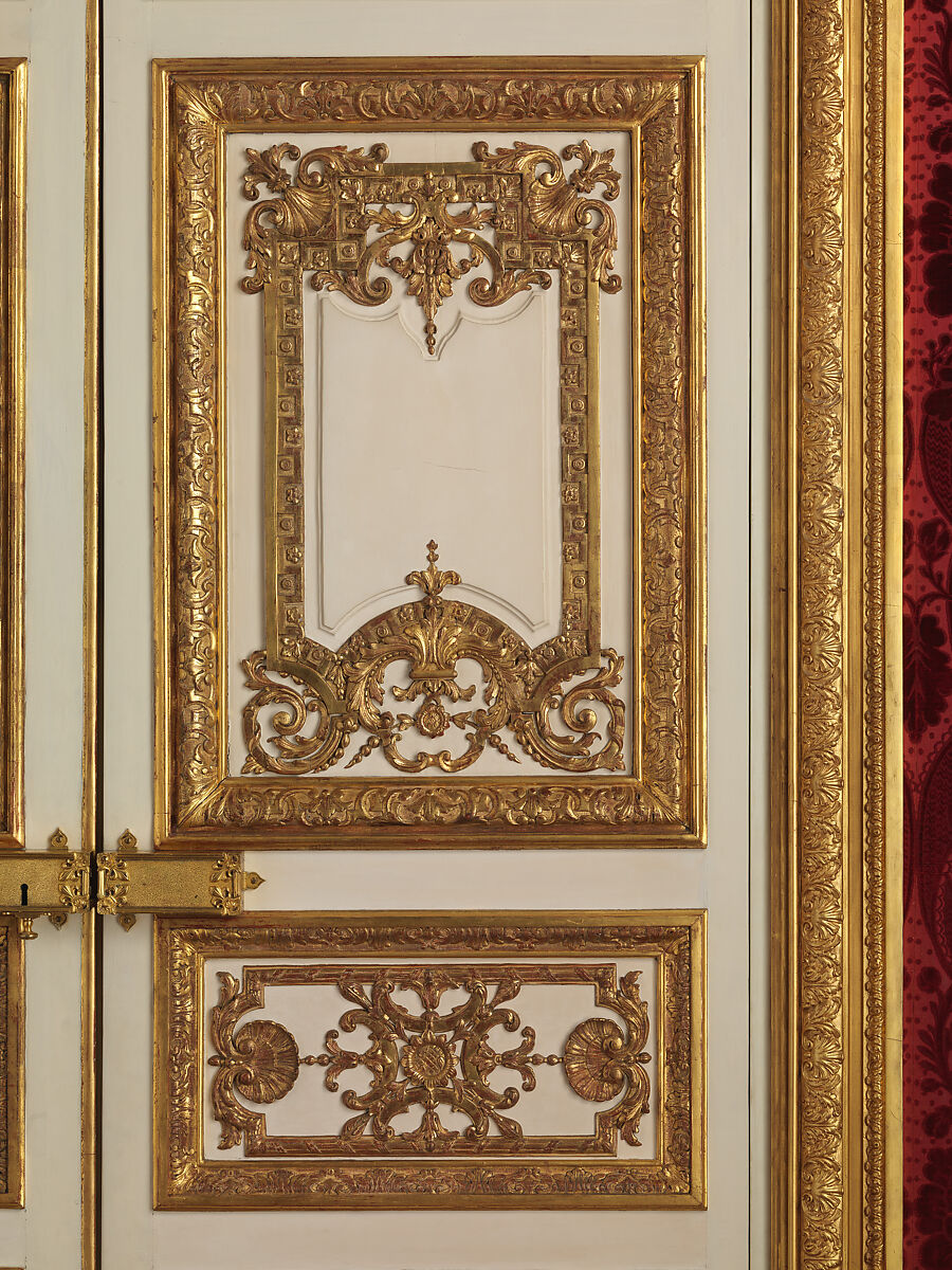 Pair of double doors, Carved, painted, and gilded oak; modern gilt bronze, French