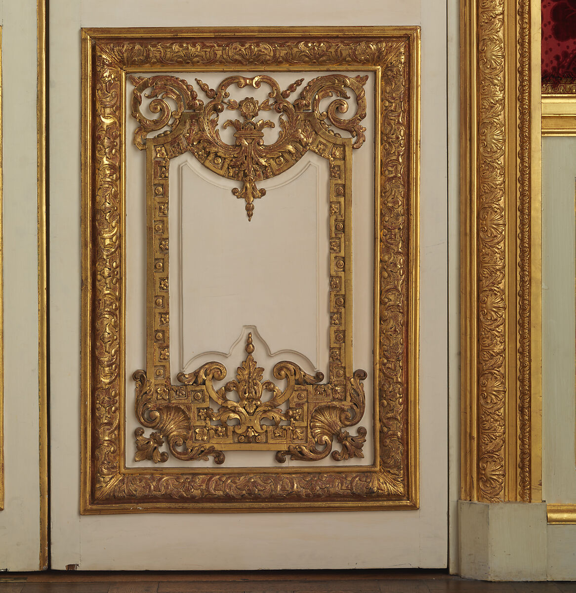 Pair of double doors, Carved, painted, and gilded oak; modern gilt bronze, French