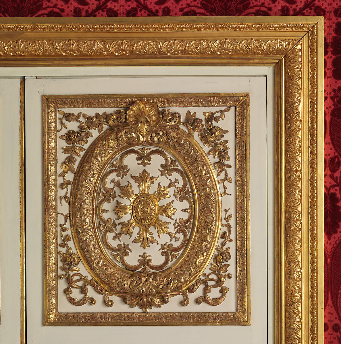 Pair of double doors, Carved, painted, and gilded oak; modern gilt bronze, French