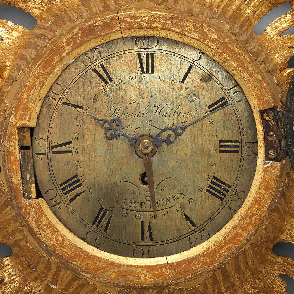 Wall clock with calendar, Clockmaker probably Thomas Harben II (British, 1739–1803), Case: carved and gilded oak; Dial: brass, British, Lewes