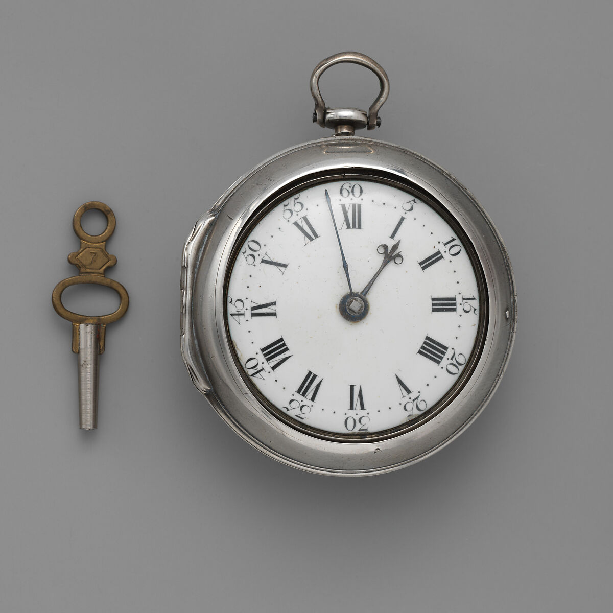 Pair-case watch and key, Watchmaker: Stephen Gibbs (British, born ca. 1733, Clockmakers&#39; Company 1748–64), Silver, painted enamel, brass and steel, British, London 