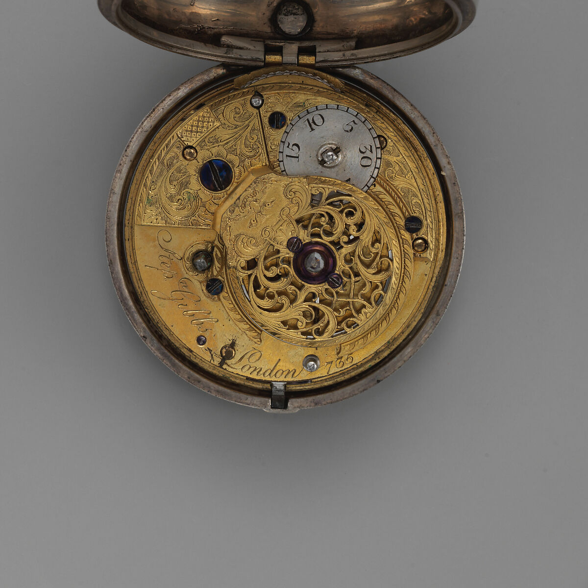 Pair-case watch and key, Watchmaker: Stephen Gibbs (British, born ca. 1733, Clockmakers' Company 1748–64), Silver; painted enamel;  brass and steel, British, London