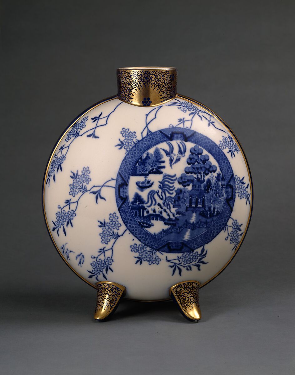 Moon flask, Designed by Henry Slater, Lead-glazed earthenware, transfer-printed and gilt, British, Burslem, Staffordshire