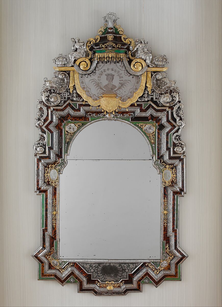 Mirror, Johann Valentin Gevers (German, ca. 1662–1732), Oak and pine veneered with tortoiseshell, silver, silver gilt, and green-stained ivory; mirror glass, German, Augsburg 