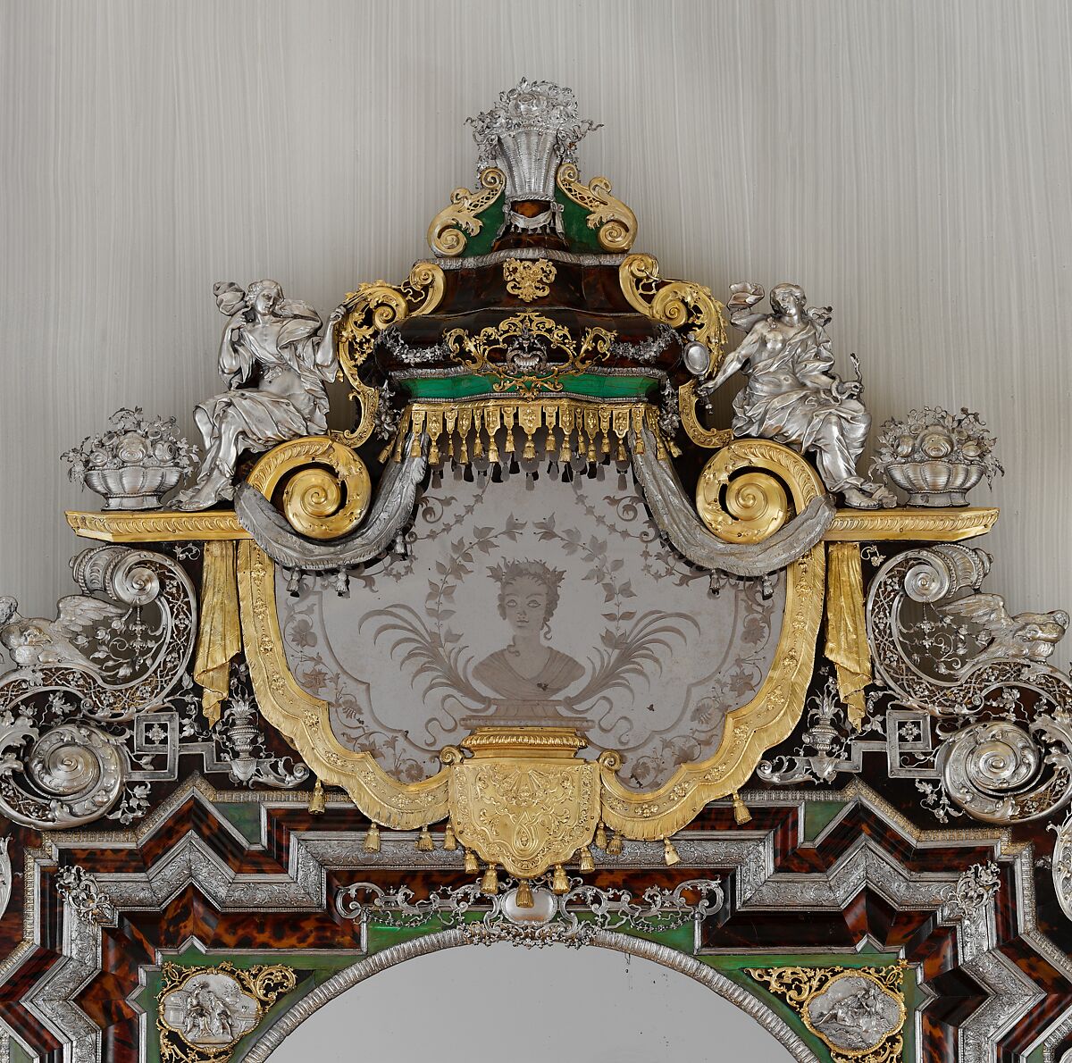 Mirror, Johann Valentin Gevers (German, ca. 1662–1732), Oak and pine veneered with tortoiseshell, silver, silver gilt, and green-stained ivory; mirror glass, German, Augsburg