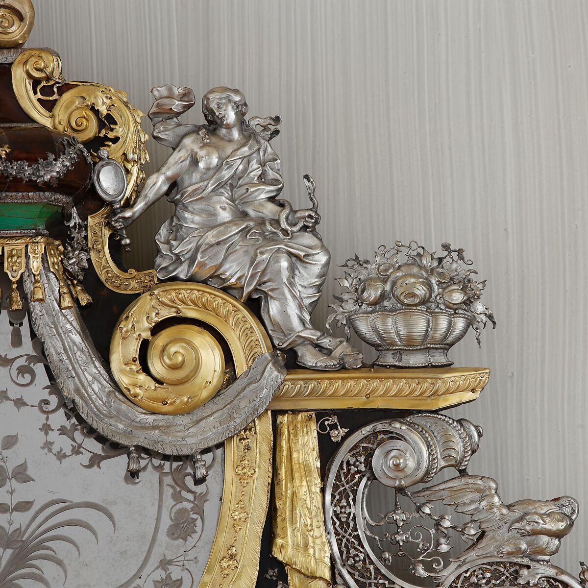 Mirror, Johann Valentin Gevers (German, ca. 1662–1732), Oak and pine veneered with tortoiseshell, silver, silver gilt, and green-stained ivory; mirror glass, German, Augsburg