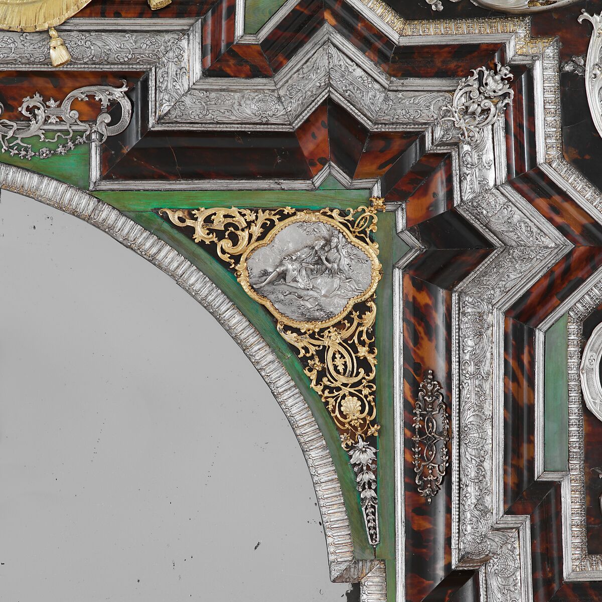 Mirror, Johann Valentin Gevers (German, ca. 1662–1732), Oak and pine veneered with tortoiseshell, silver, silver gilt, and green-stained ivory; mirror glass, German, Augsburg