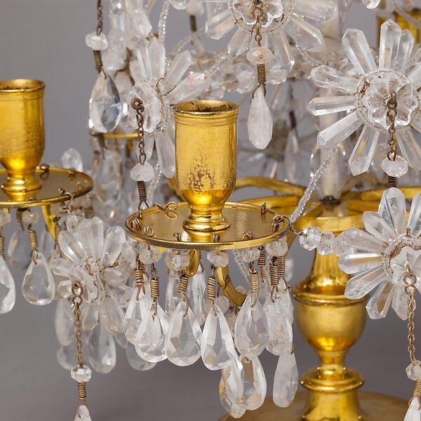 Six-light candelabrum (girandole) (one of a pair), Rock crystal, gilt bronze, silvered brass, iron, brass wire, glass, possibly Swedish